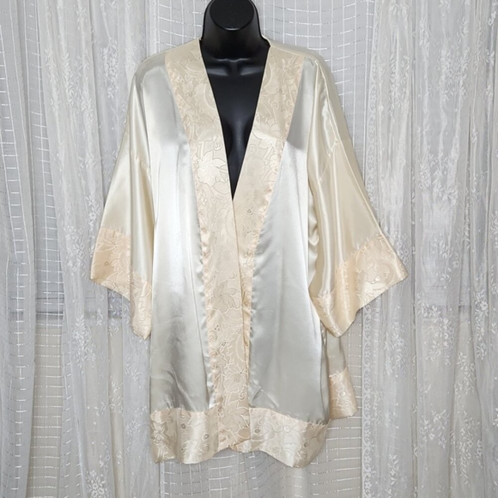 Vintage 80's Victoria's Secret Gold Label Cream White Satin Robe Kimono OSFA